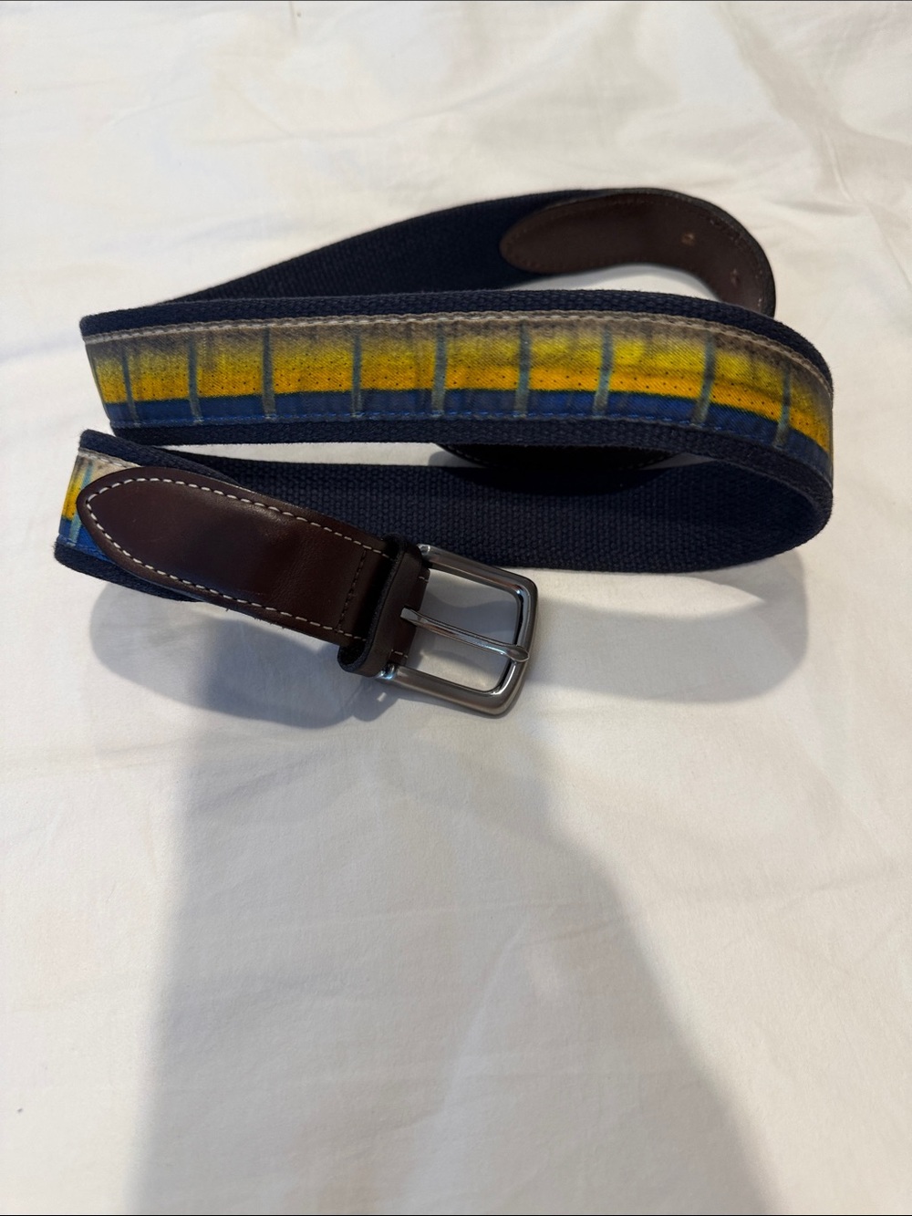 Vineyard Vines Navy Canvas Belt with Yellow Stripe and Brown Leather Accents